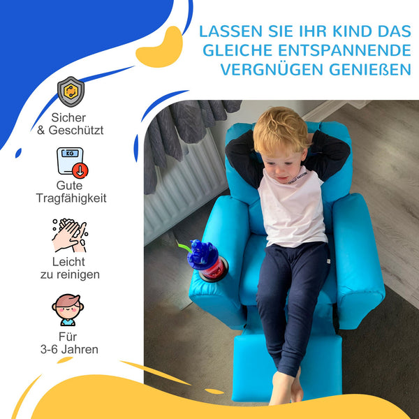 Kindersessel mit verstellbarer Rückenlehne und Holzrahmen blau