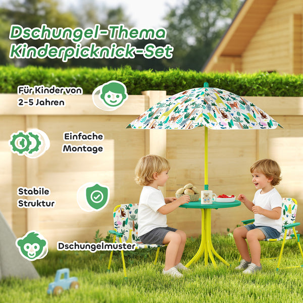 Kindersitzgruppe mit Tisch 2 Klappstühlen und Sonnenschirm grün