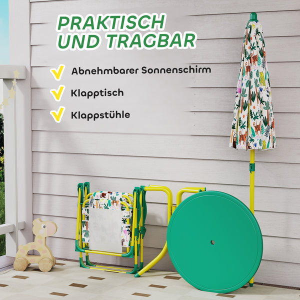 Kindersitzgruppe mit Tisch 2 Klappstühlen und Sonnenschirm grün