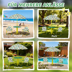 Kindersitzgruppe mit Tisch 2 Klappstühlen und Sonnenschirm grün