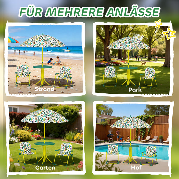 Kindersitzgruppe mit Tisch 2 Klappstühlen und Sonnenschirm grün