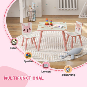 Kindersitzgruppe mit Tisch und 2 Stühlen Tiermotiv Holz rosa