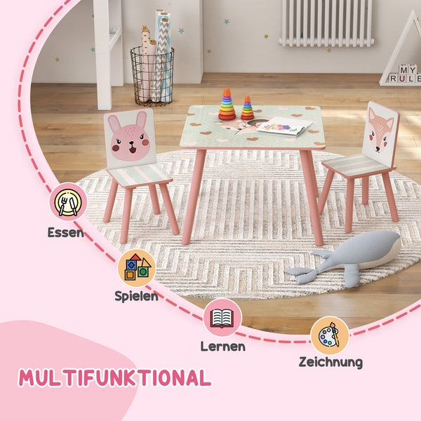 Kindersitzgruppe mit Tisch und 2 Stühlen Tiermotiv Holz rosa