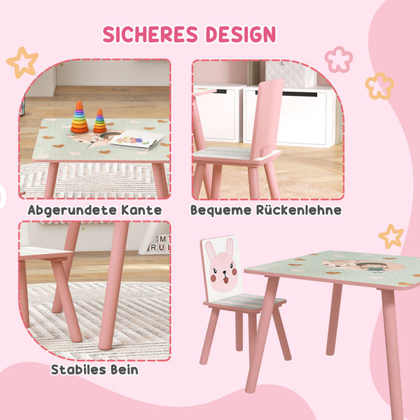 Kindersitzgruppe mit Tisch und 2 Stühlen Tiermotiv Holz rosa