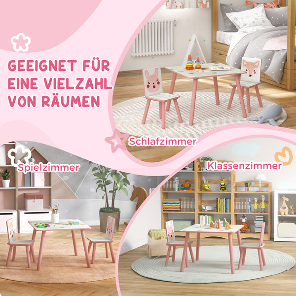 Kindersitzgruppe mit Tisch und 2 Stühlen Tiermotiv Holz rosa