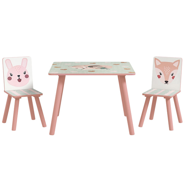 Kindersitzgruppe mit Tisch und 2 Stühlen Tiermotiv Holz rosa