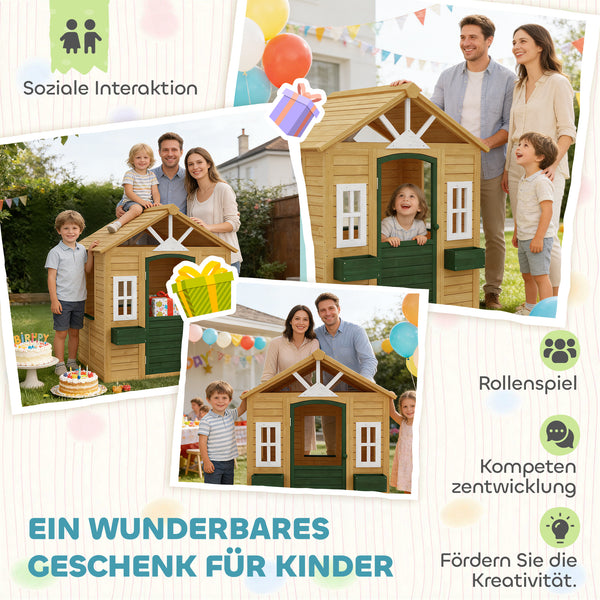 Kinderspielhaus für draussen mit Tür und Fenstern aus Holz
