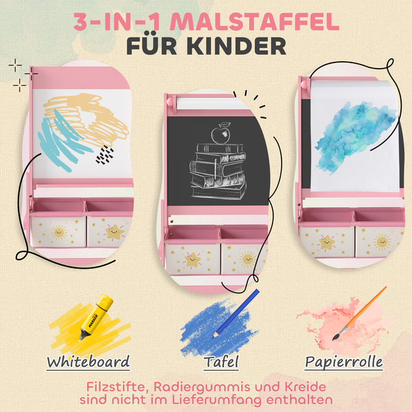 Kinderstaffelei Tafel Whiteboard Papierrolle für 3-8 Jahre rosa