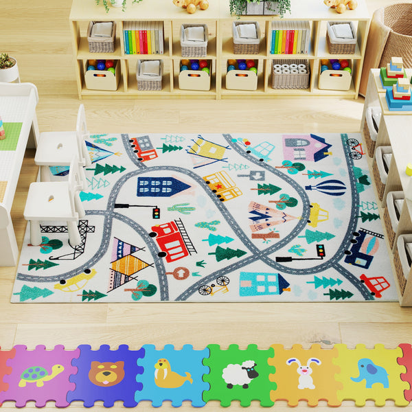 Kinderteppich mit Autobahn Motiv weich und pflegeleicht bunt