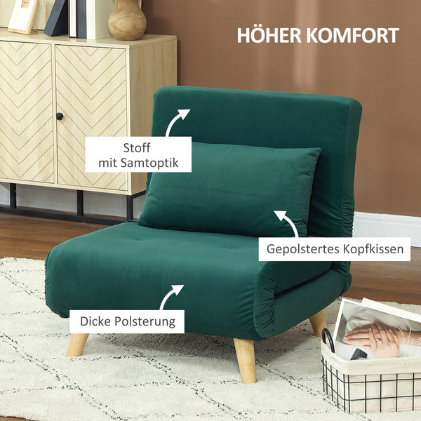 Klappsessel mit Bettfunktion verstellbar in Samtoptik grün