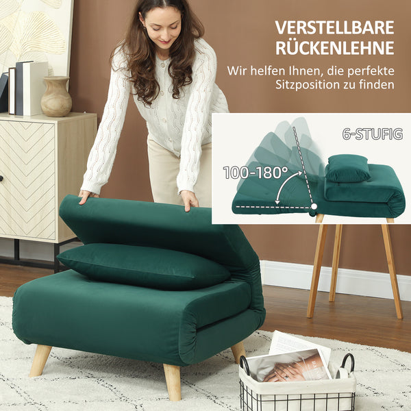 Klappsessel mit Bettfunktion verstellbar in Samtoptik grün