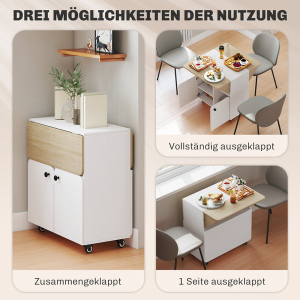 Klapptisch klappbar mit Stauraum und Rollen weiss naturholz