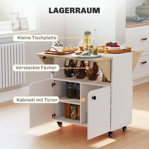 Klapptisch klappbar mit Stauraum und Rollen weiss naturholz