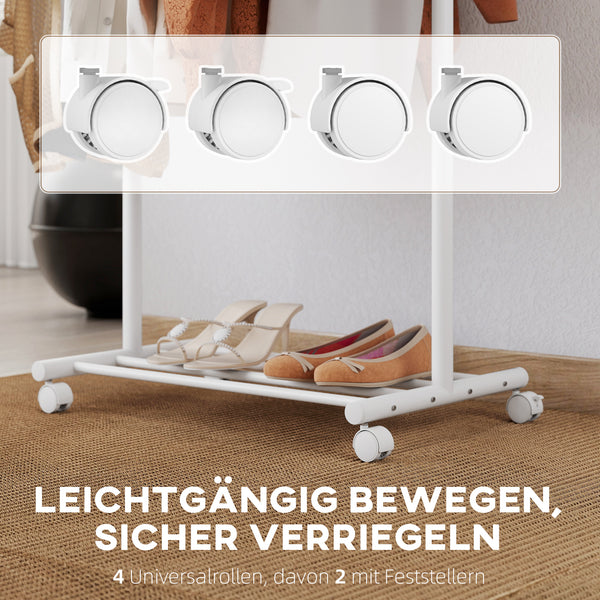 Kleiderständer mobil mit Rollen und Schuhablage weiss