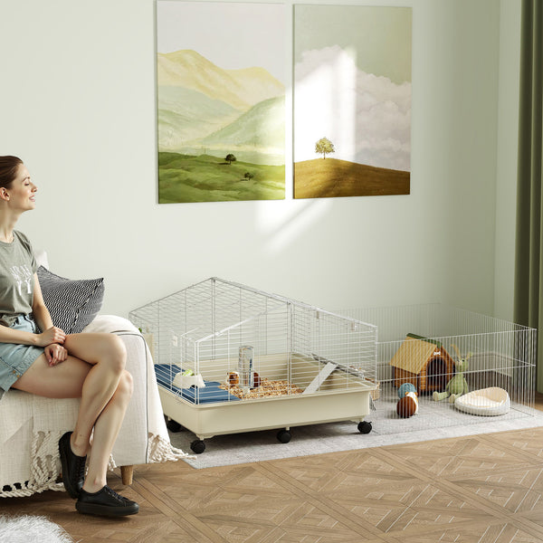 Kleintierkäfig mit 2 Etagen Rampe und Zubehör für Balkon weiss