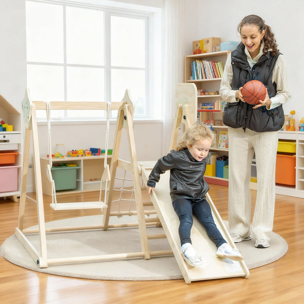 Klettergerüst Indoor mit Rutsche Schaukel und Kletternetz aus Holz