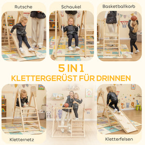 Klettergerüst Indoor mit Rutsche Schaukel und Kletternetz aus Holz