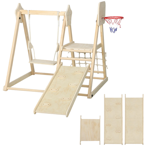 Klettergerüst Indoor mit Rutsche Schaukel und Kletternetz aus Holz