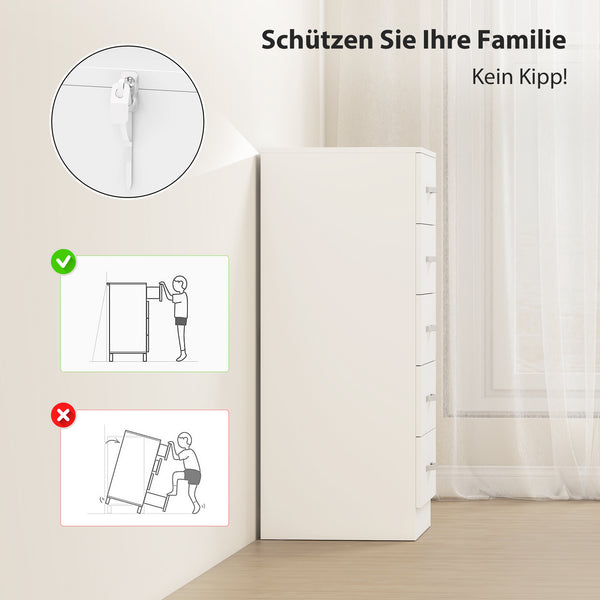Kommode mit 5 Schubladen für Kleidung und Aufbewahrung weiss