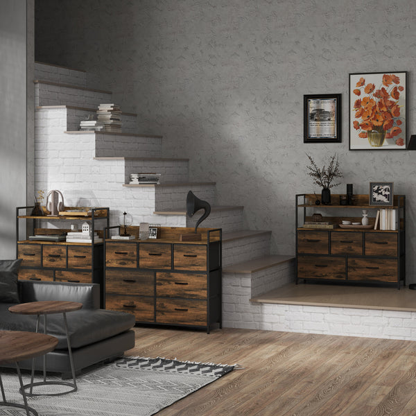 Kommode mit 7 Stoffschubladen im Industrial Design braun schwarz