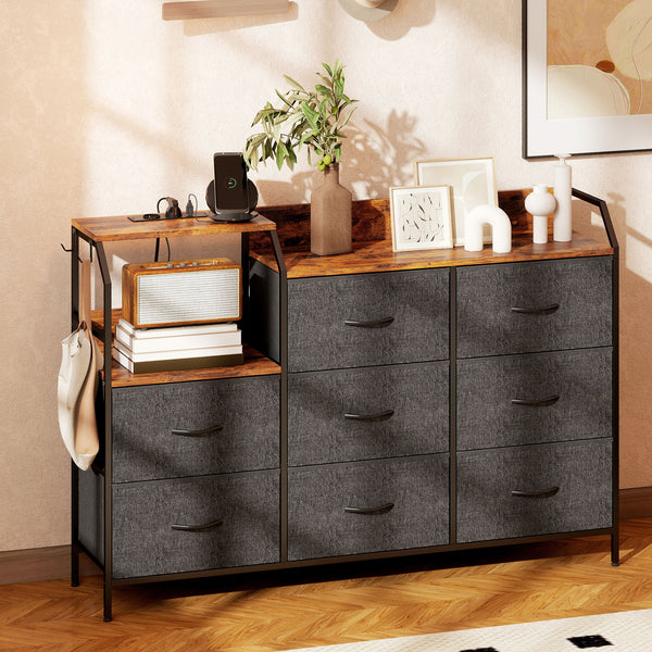 Kommode mit 8 Stoffschubladen und Ladestation rustikales Design