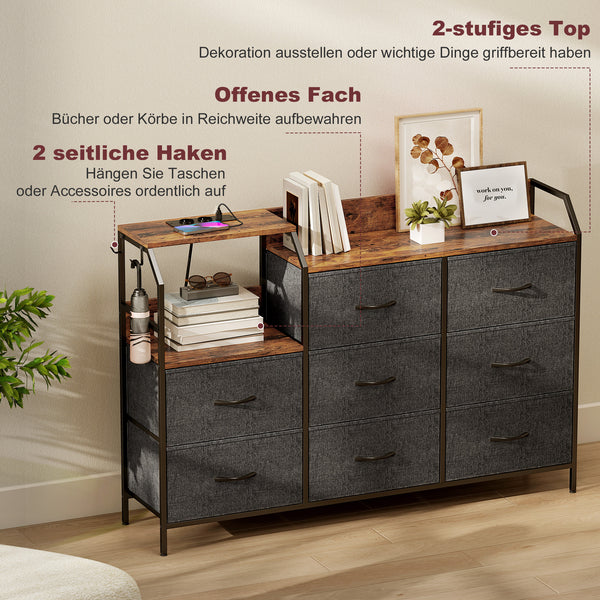 Kommode mit 8 Stoffschubladen und Ladestation rustikales Design