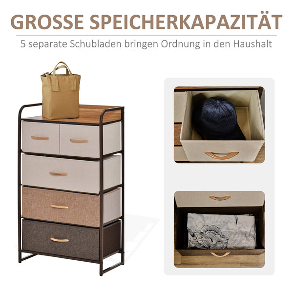 Kommode schmal mit 5 Stoffschubladen und Ablage für Schlafzimmer