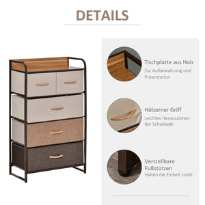 Kommode schmal mit 5 Stoffschubladen und Ablage für Schlafzimmer