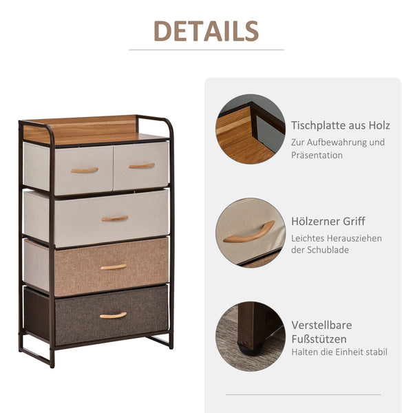 Kommode schmal mit 5 Stoffschubladen und Ablage für Schlafzimmer