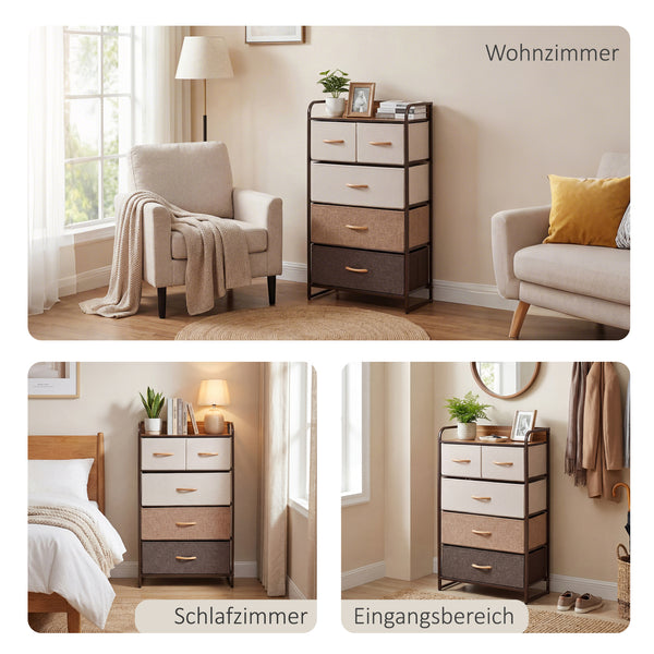 Kommode schmal mit 5 Stoffschubladen und Ablage für Schlafzimmer
