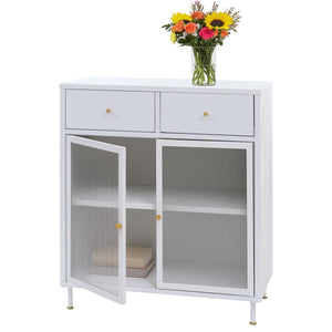 Kommode Sideboard Highboard Industrial Metall Schilfglas 96x80x40cm weiss