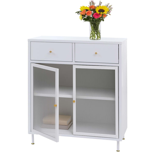 Kommode Sideboard Highboard Industrial Metall Schilfglas 96x80x40cm weiss