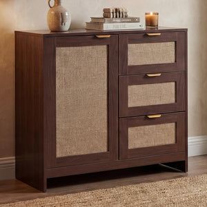 Kommode Sideboard Highboard Schubladen Staufach Leinenfront Walnuss-Optik