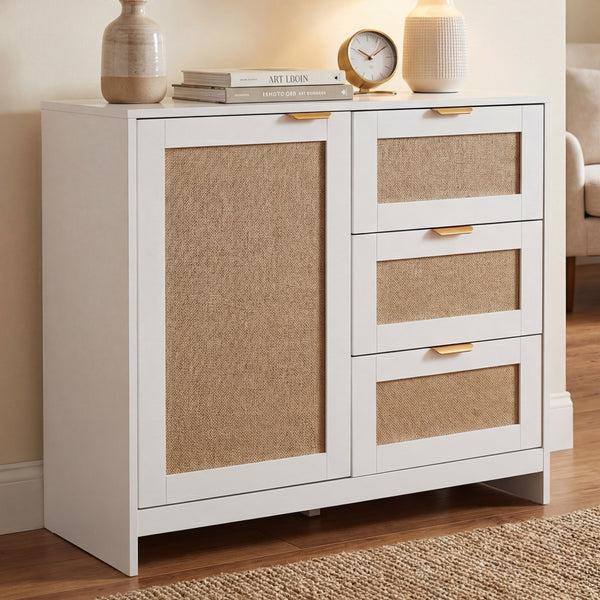 Kommode Sideboard Highboard Schubladen Staufach Leinenfront weiss