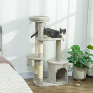 Kratzbaum mehrstöckig mit Höhle für Katzen 114cm hellgrau