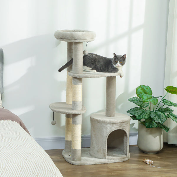 Kratzbaum mehrstöckig mit Höhle für Katzen 114cm hellgrau