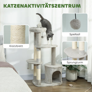 Kratzbaum mehrstöckig mit Höhle für Katzen 114cm hellgrau