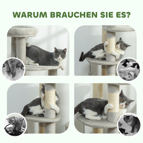 Kratzbaum mehrstöckig mit Höhle für Katzen 114cm hellgrau