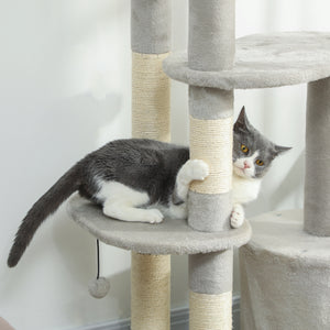 Kratzbaum mehrstöckig mit Höhle für Katzen 114cm hellgrau