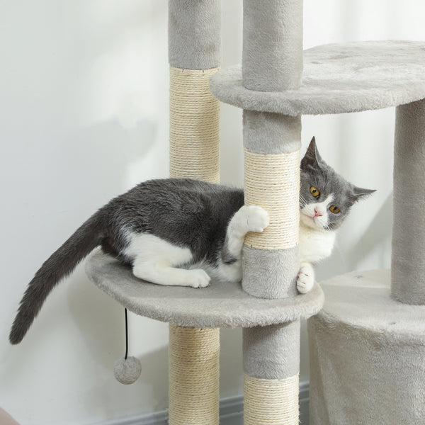 Kratzbaum mehrstöckig mit Höhle für Katzen 114cm hellgrau