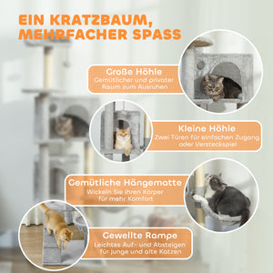 Kratzbaum mit Höhlen Sisalpfosten Hängematte und Spielball 160cm