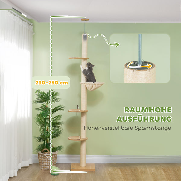 Kratzbaum Deckenhoch Hängematte 230-250cm Eiche-Cremeweiss