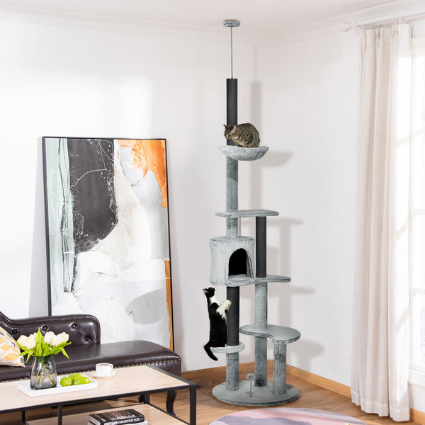 Kratzbaum mit Deckenspanner und Hängematte für Katzen grau