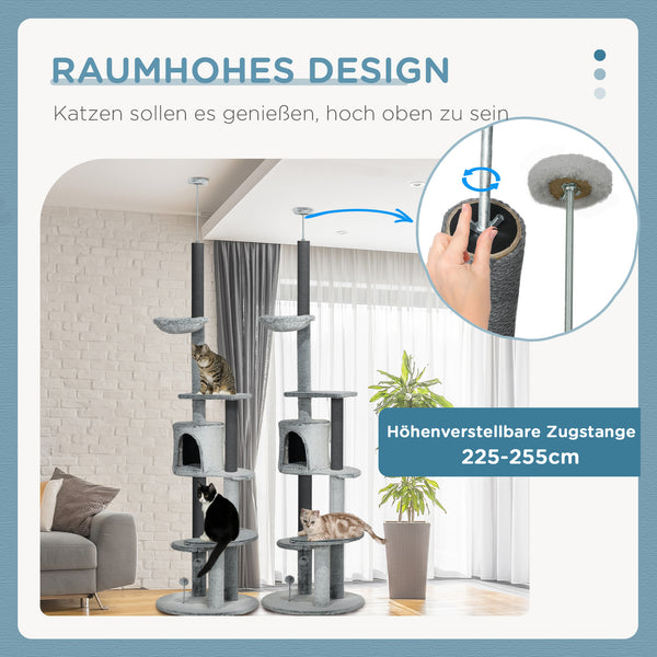 Kratzbaum mit Deckenspanner und Hängematte für Katzen grau