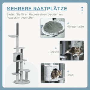 Kratzbaum mit Deckenspanner und Hängematte für Katzen grau