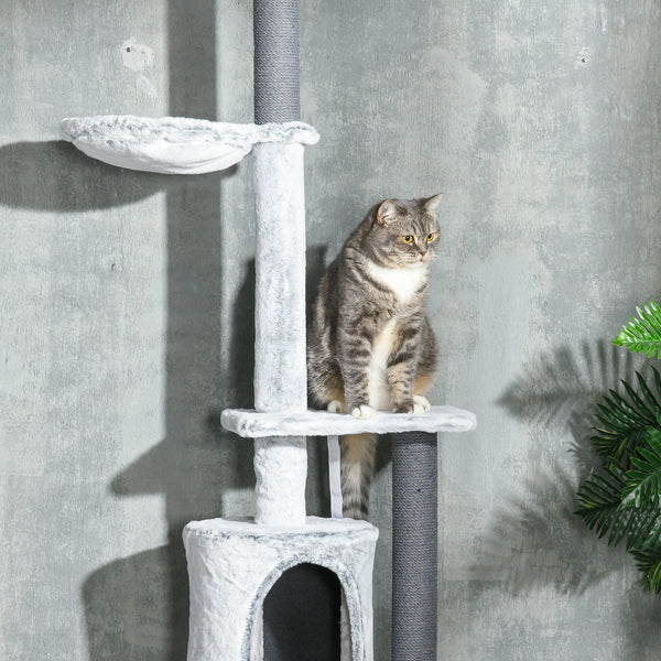Kratzbaum mit Deckenspanner und Hängematte für Katzen grau