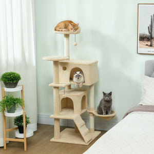 Kratzbaum für Katzen mit Hängematte Höhle und Leiter beige