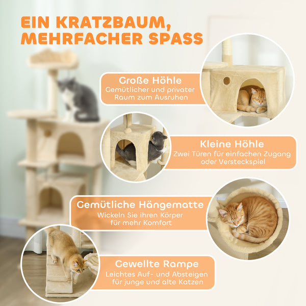 Kratzbaum für Katzen mit Hängematte Höhle und Leiter beige
