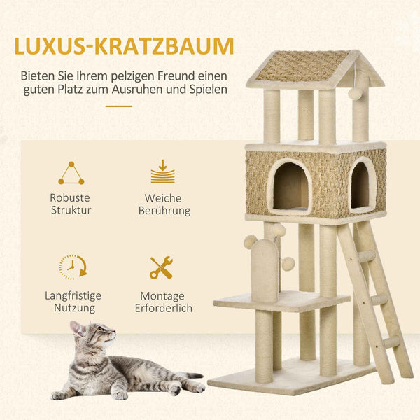 Kratzbaum mit Höhle & Spielbällen 130cm Beige