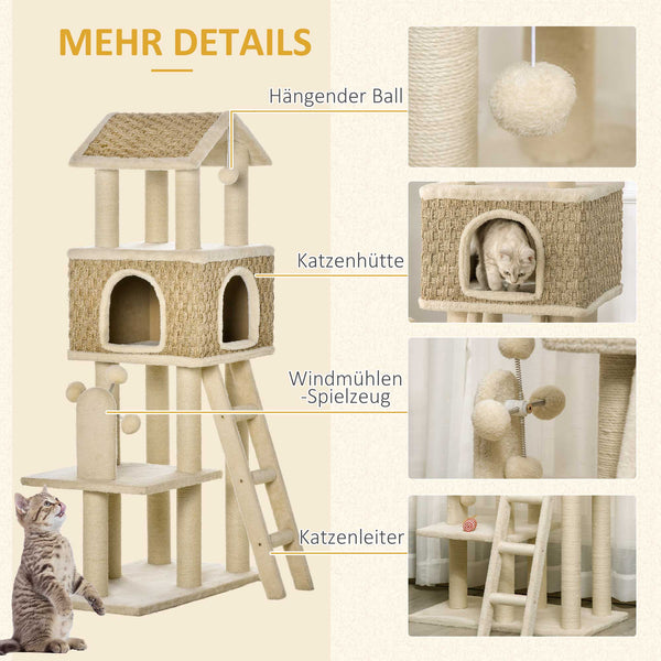 Kratzbaum mit Höhle & Spielbällen 130cm Beige